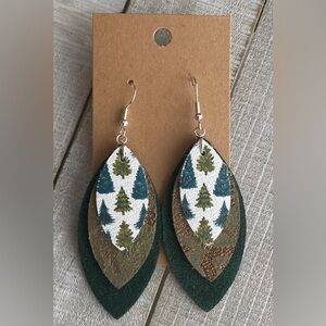 Pine Tree Leather Earrings Green Suede